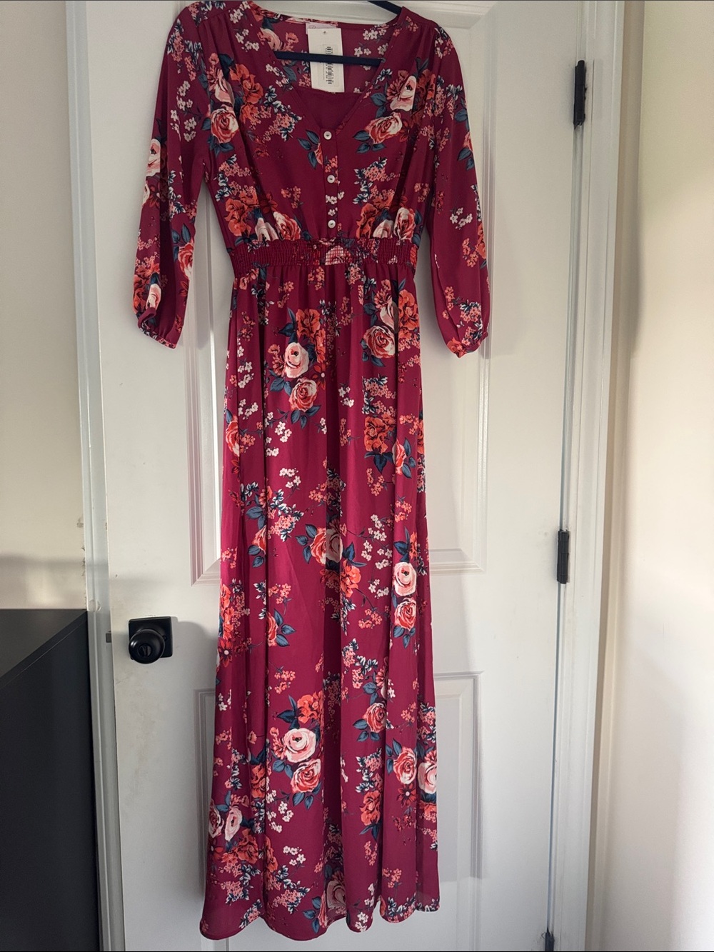 Pink Lily Burgundy Floral Maxi Dress with Long Sleeves